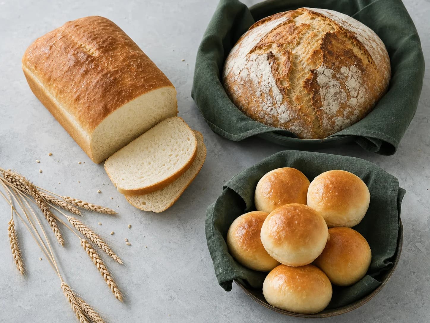 Diferentes pães caseiros sobre uma bancada