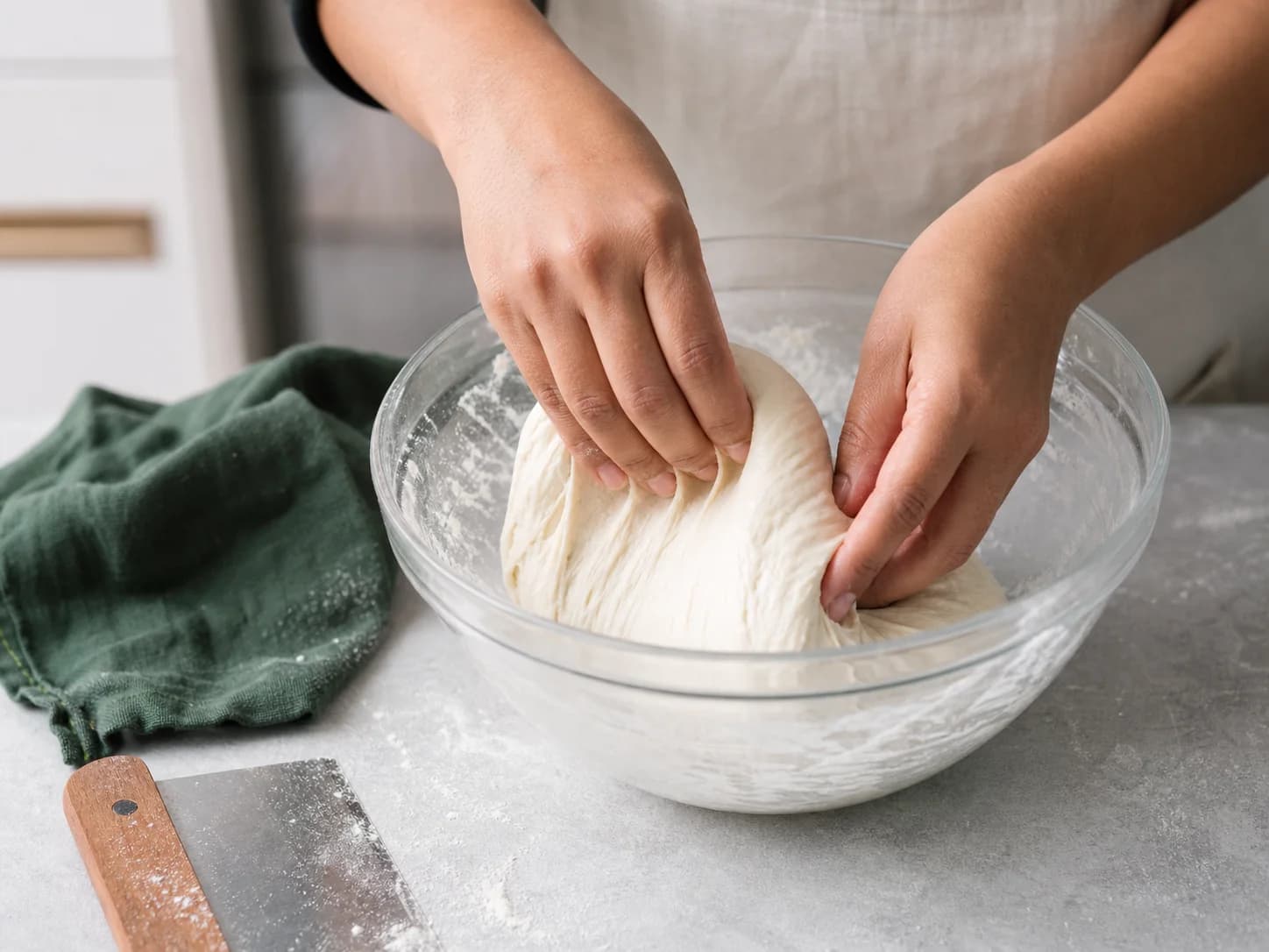 Mãos dobrando uma massa de pão dentro de uma tigela